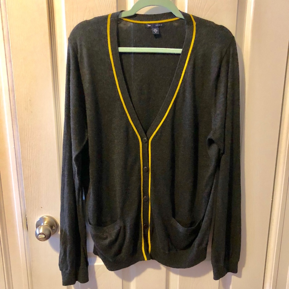 Soft Gray Cardigan Sweater with Gold Accents